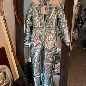 Dolls Kill Iridescent Ski Suit with Pink faux fur, Can detach lower legs NWT